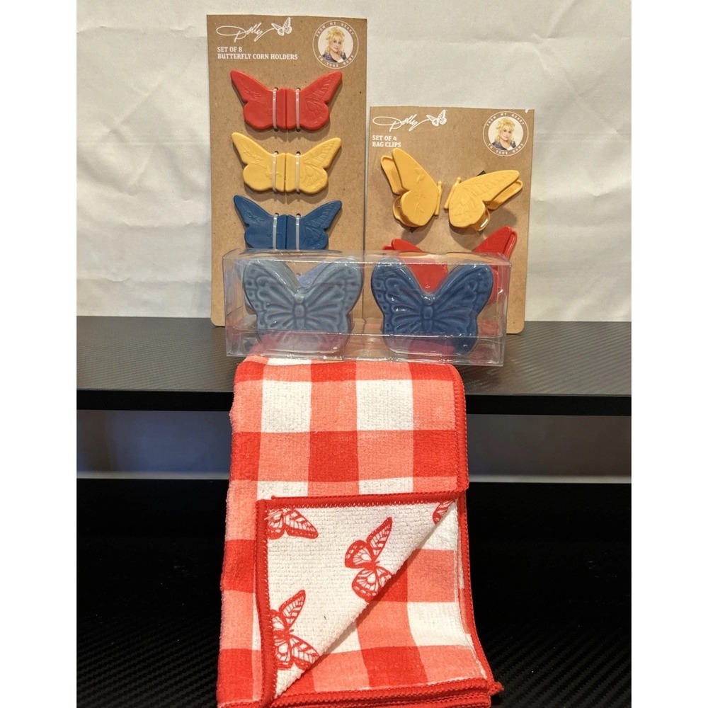 Dolly Parton Butterfly Kitchen Set Corn Holders Bag Clips Shakers Towel 4pc NWT